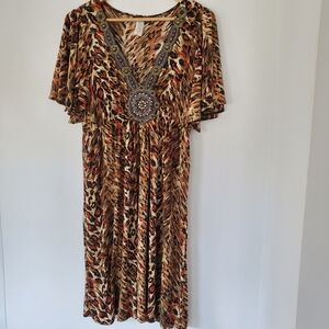 MON AMI 1X Animal Print V Neck Dress Metallic Rhinestone Brass Accent USA Fall